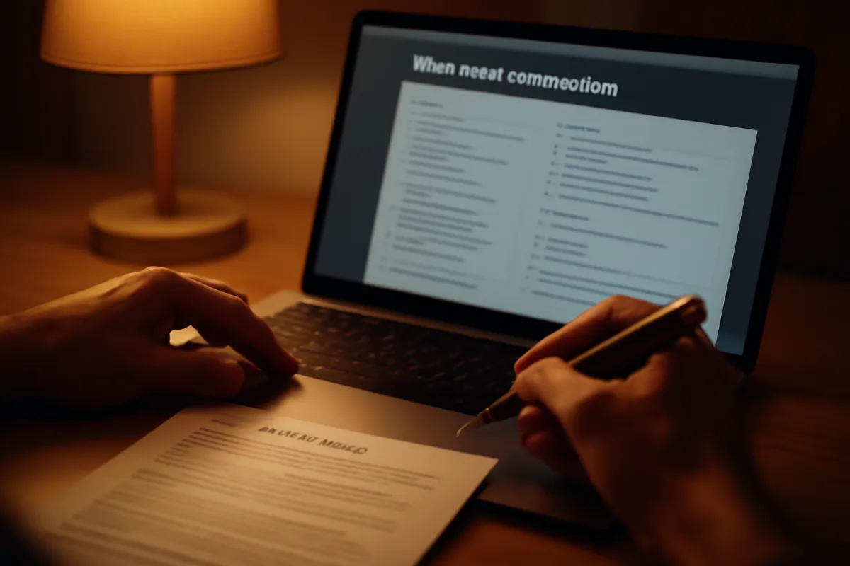 A person reviewing a bootcamp syllabus on a laptop beside a printed job posting, marking matching skills with a pen