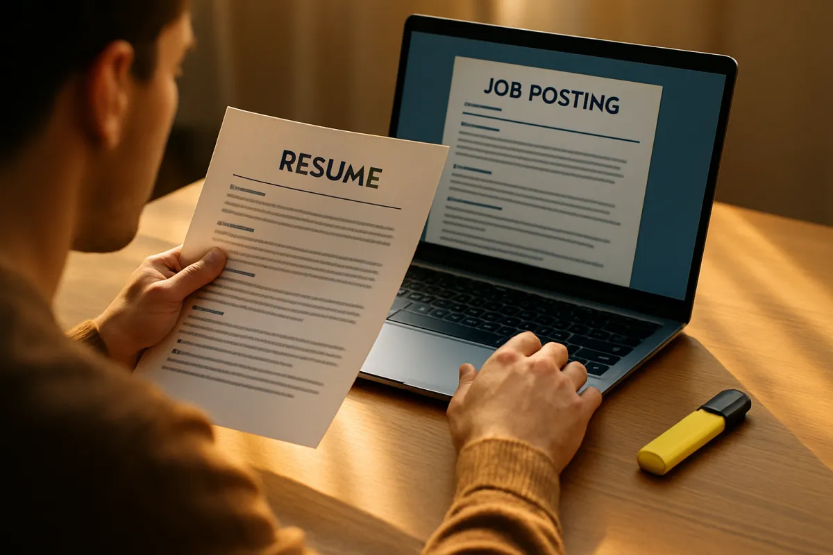 A job seeker comparing a job posting on a laptop screen with a printed resume page while tailoring an application
