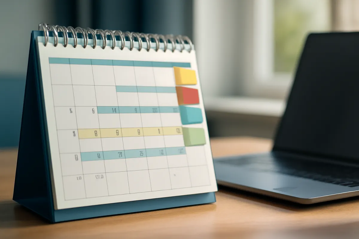 A desk calendar with weeks marked in colored bars and sticky tabs, beside a laptop, laid out for planning a certification study schedule
