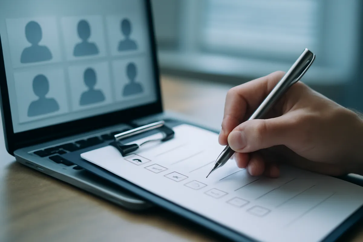 A hand ticking boxes on a printed checklist clipboard beside a laptop showing generic profile thumbnails