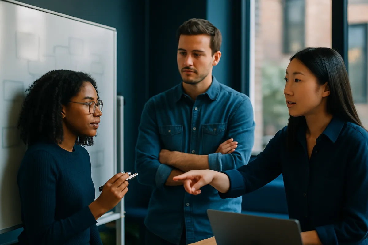 Three adults working through a problem together at a whiteboard in a bright coworking space