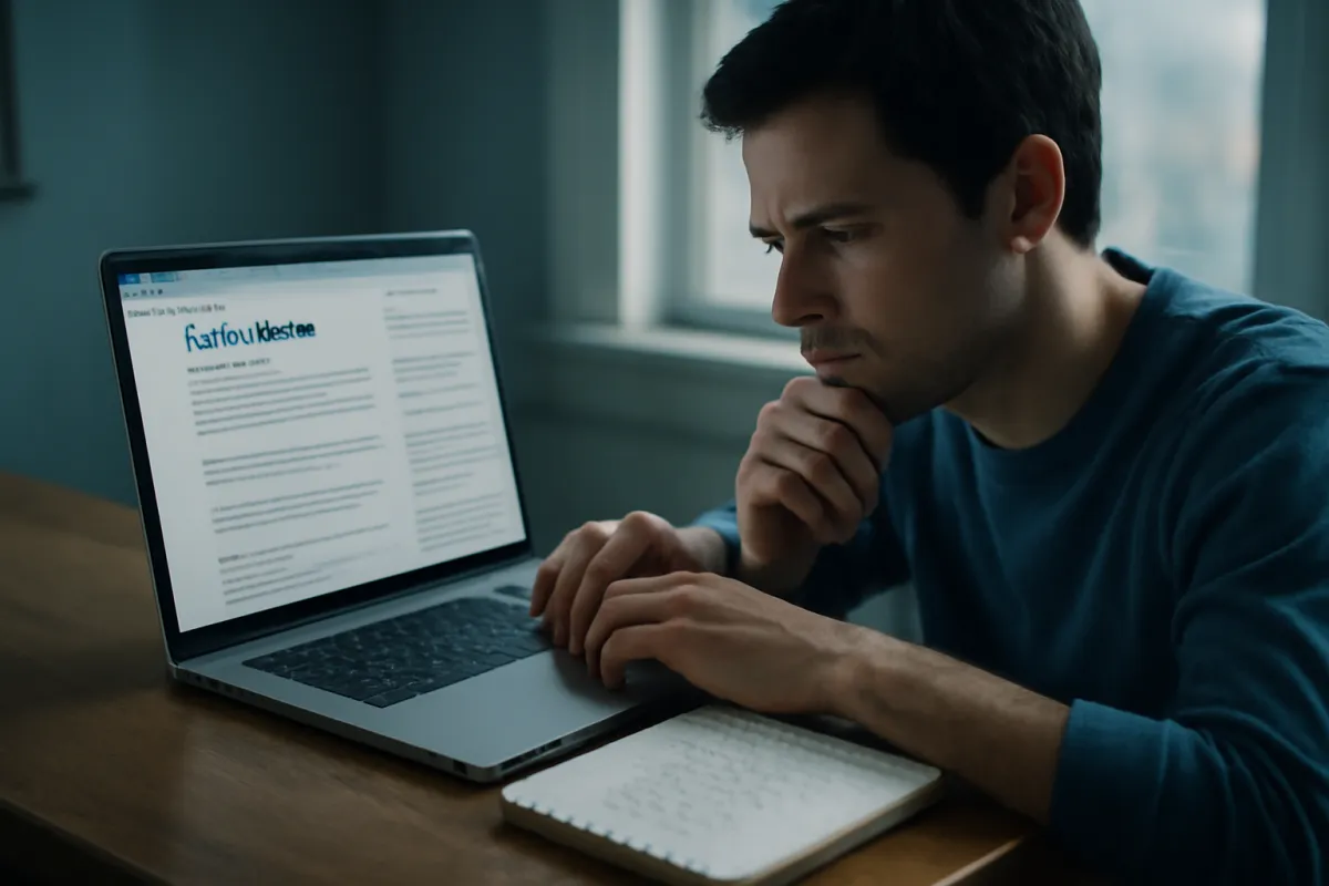 A person at a desk critically researching a coding bootcamp on a laptop beside a notepad of handwritten questions in cool blue light