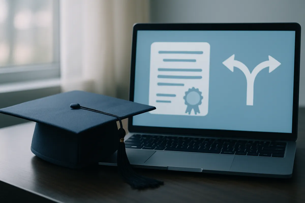 A graduation cap on a desk beside a laptop, two credential paths side by side