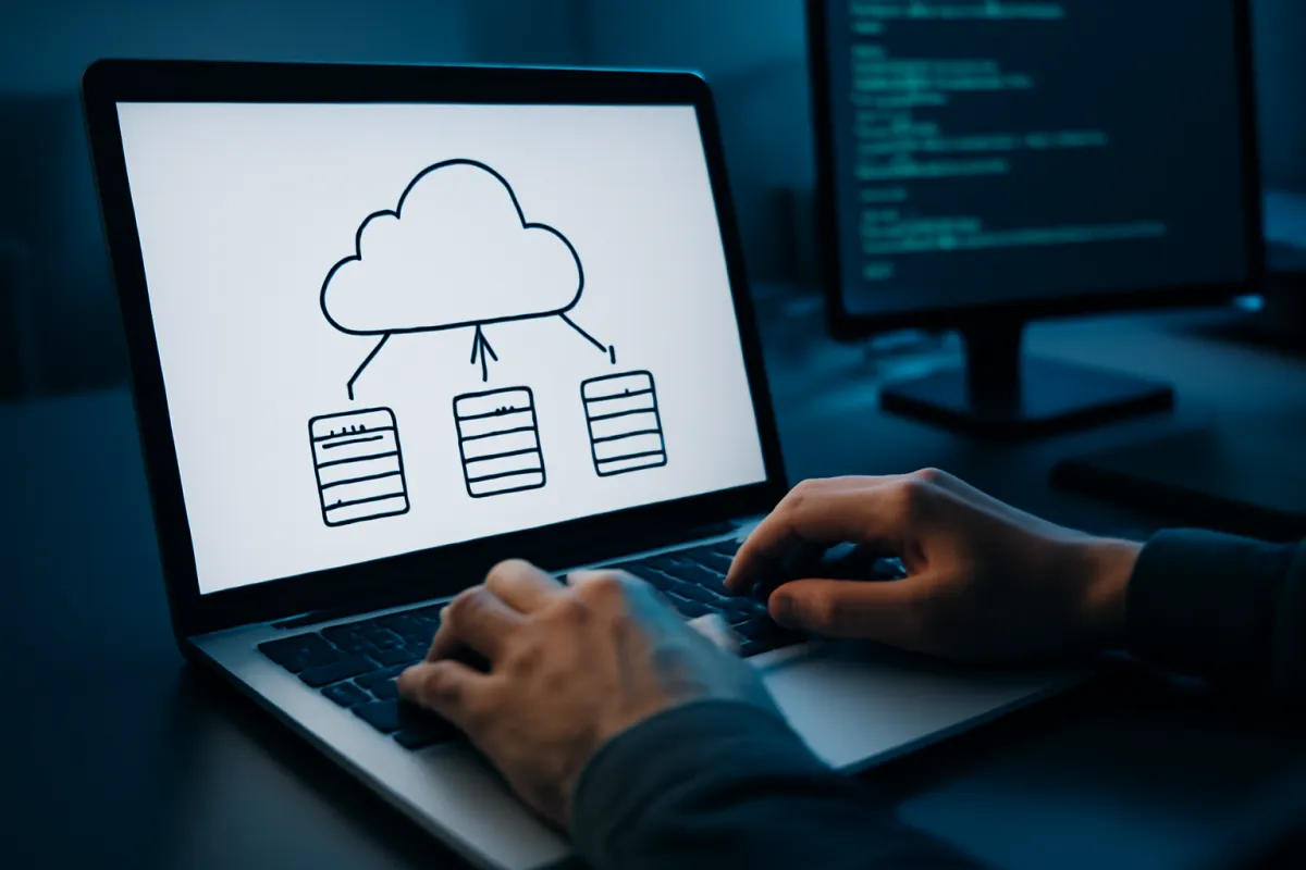 A close-up of hands typing on a laptop showing a simple hand-drawn diagram of a cloud connected to three labeled server icons, with a second monitor showing code in the background