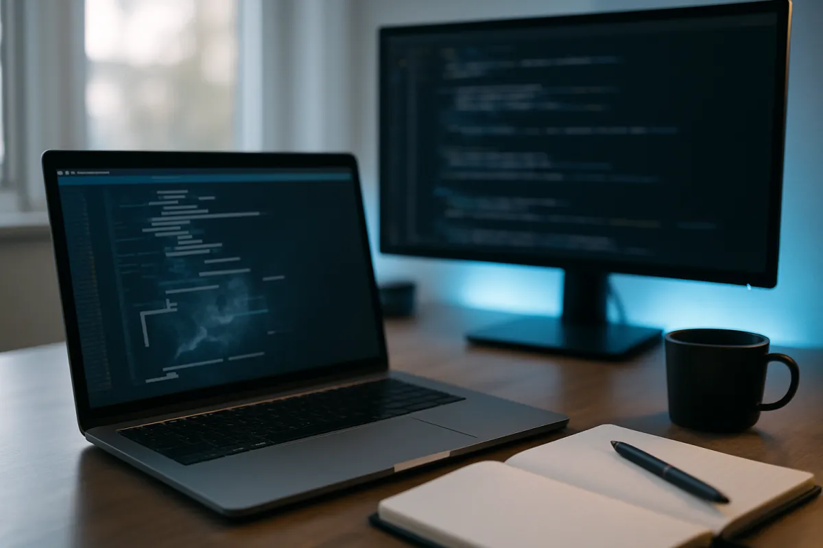 A laptop and an external monitor showing unreadable code on a wooden desk, lit by daylight from a window and a blue backlight glow
