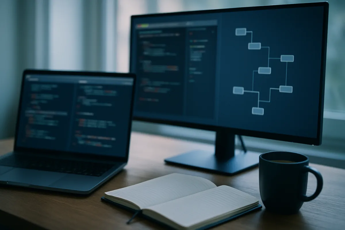 A laptop and a wide external monitor on a wooden desk in daylight, showing blurred code panes and a diagram of connected rectangles, beside an open notebook and a dark mug