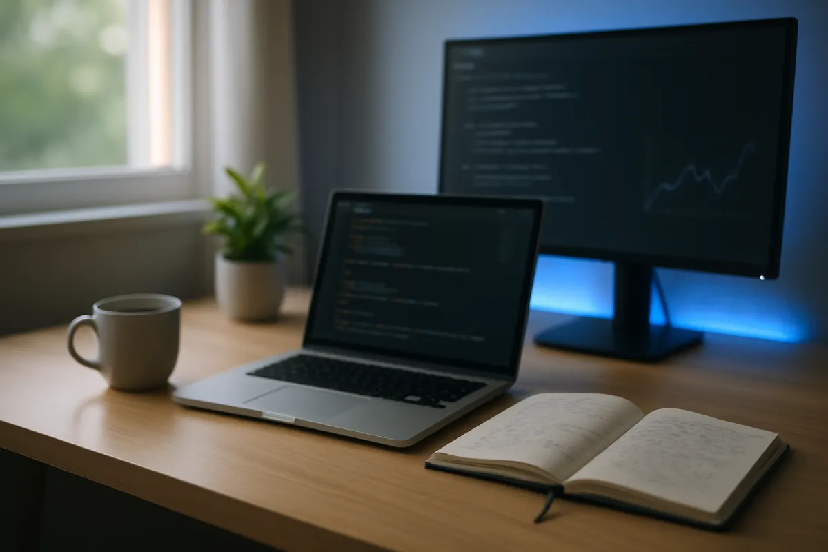 A laptop and an external monitor showing unreadable code and a faint line plot on a wooden desk beside an open notebook, a mug and a small potted plant, lit by daylight from a window