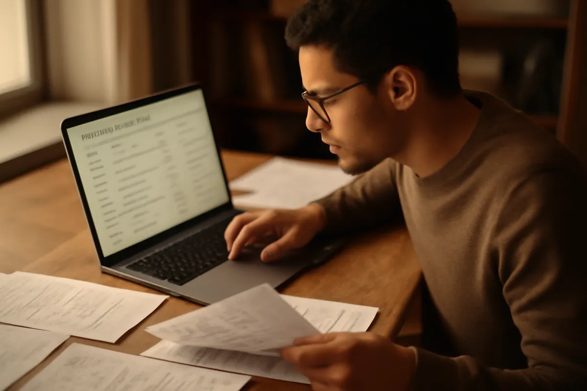 A focused person comparing options on a laptop with printed pages spread across the desk in warm light