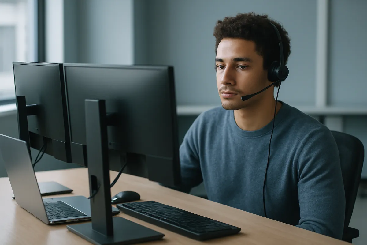 A young adult wearing a headset seated at a desk with two monitors and an open laptop in a quiet office lit by a window