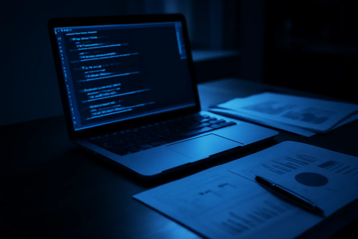 A laptop displaying lines of code on a desk in cool blue light beside printed charts and a pen