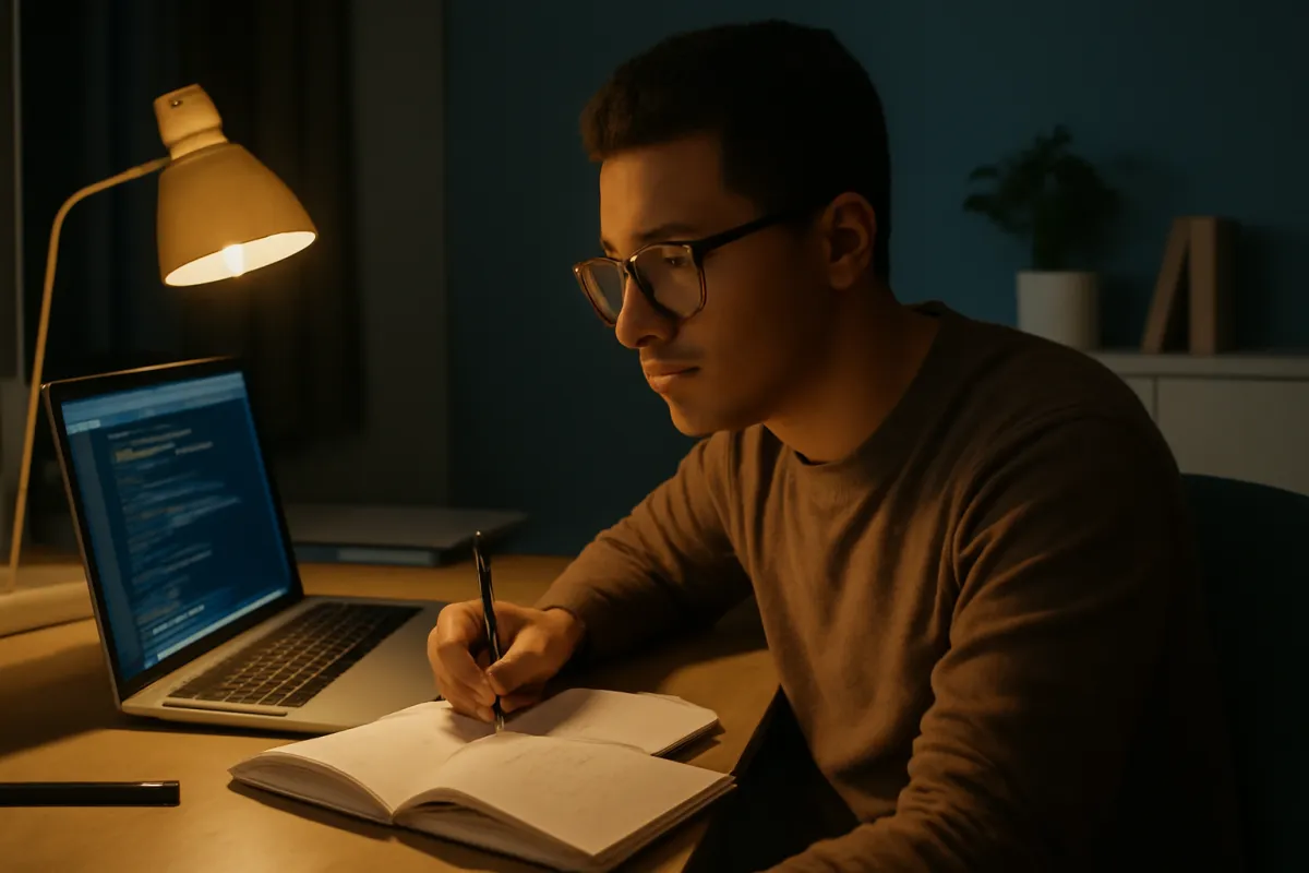 A person at a desk lit by a desk lamp, writing in a notebook beside a laptop showing lines of on-screen text