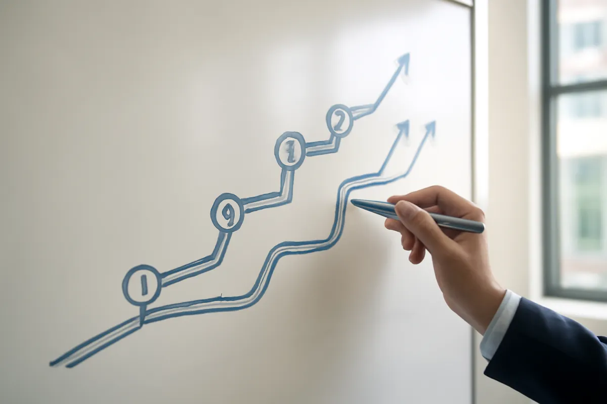 A branching IT certification roadmap sketched on an office whiteboard with a rising path and milestone markers in slate-blue marker