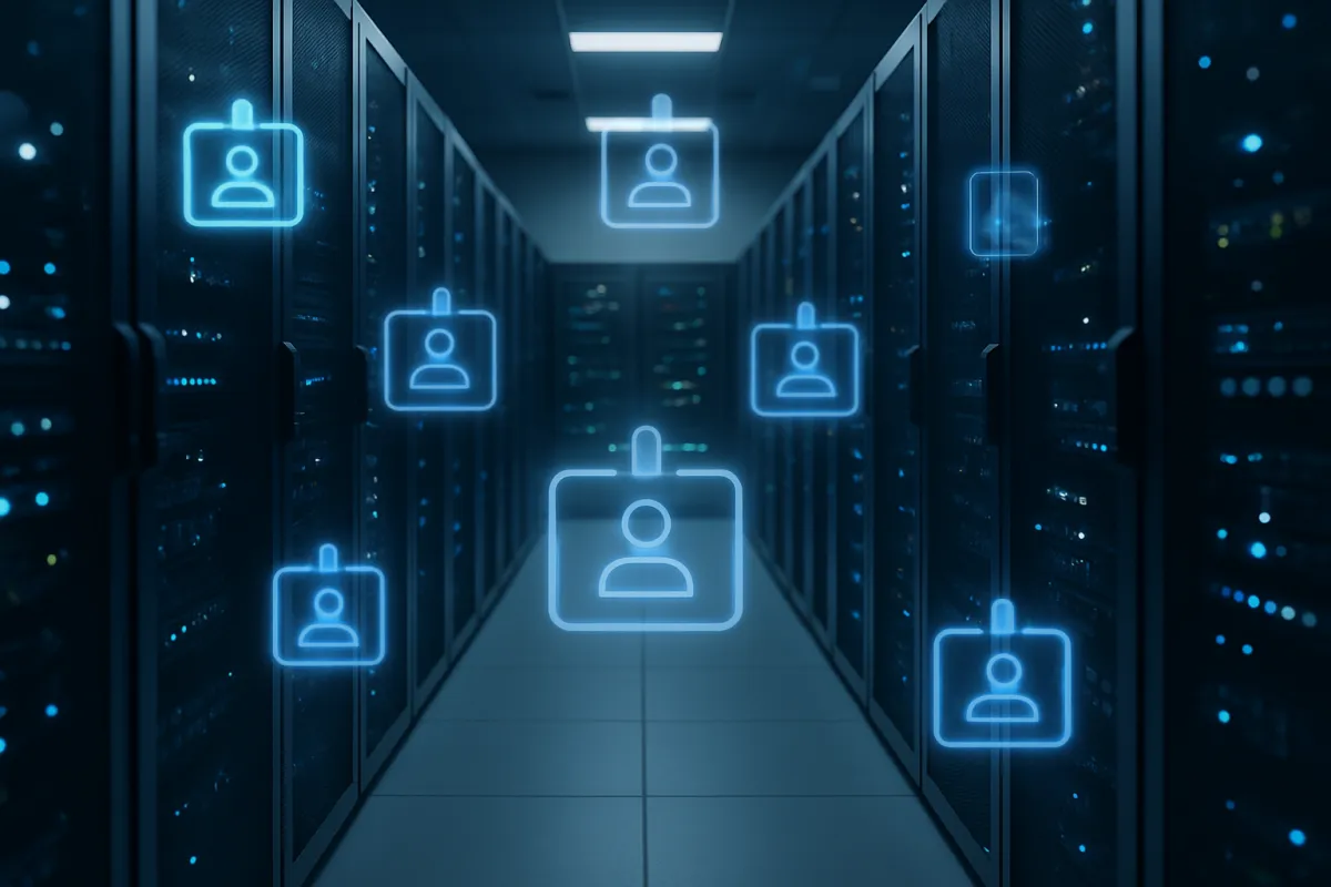 A modern data center server aisle with blue accent lighting and abstract credential badge shapes