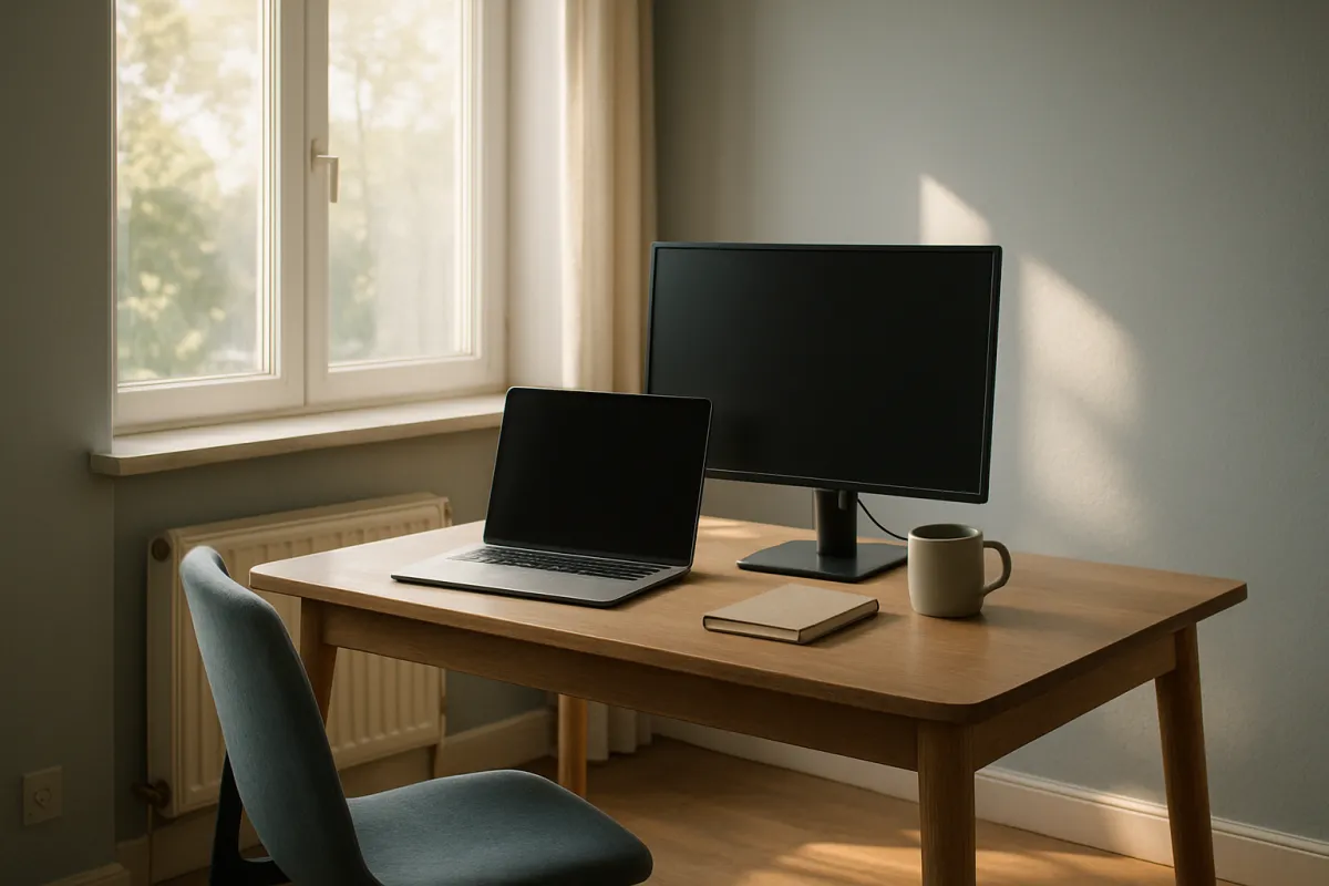 A wooden desk beside a window holding an open laptop, an external monitor, a mug and a closed notebook, with a chair pulled back in daylight